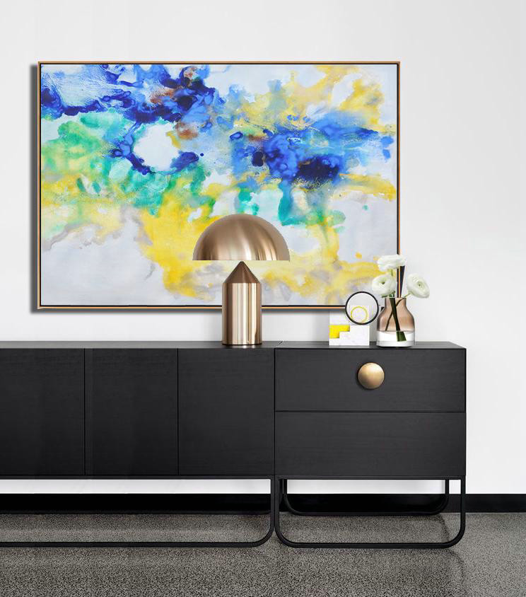 Large Abstract Painting Canvas Art,Hand Painted Horizontal Abstract Oil Painting On Canvas,Hand-Painted Canvas Art,Blue,Yellow,Green,Grey.etc